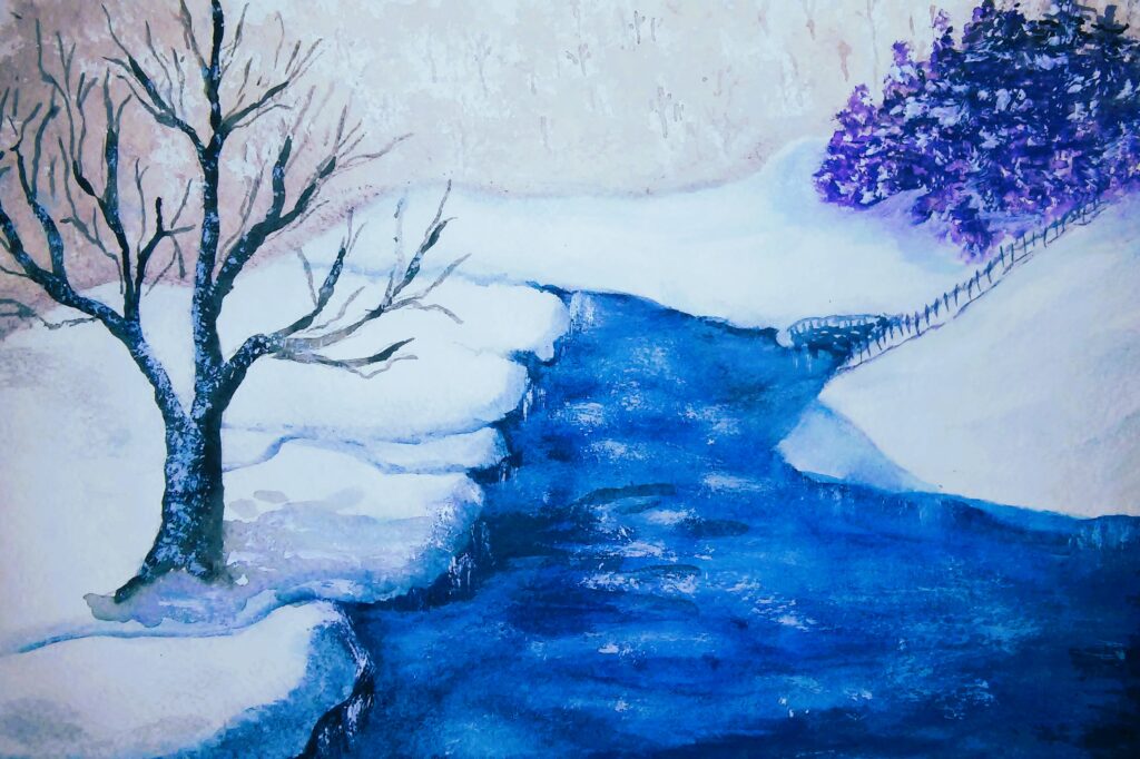 Зимовий струмок акварель, папір, 21х30 cm., 2012 Winter stream watercolor, paper, 21x30 cm., 2012