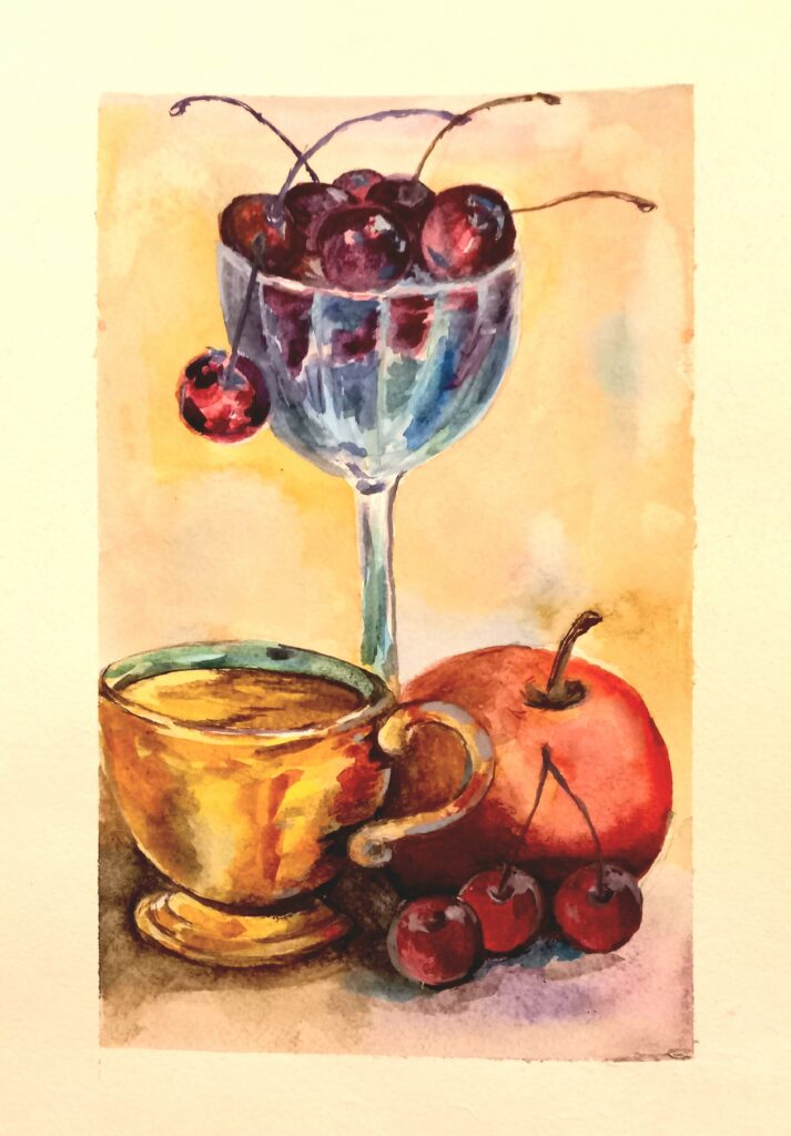 Натюрморт з вишнями і яблуком акварель, папір, 21х30 cm., 2023 Still life with cherries and an apple watercolor, paper, 21x30 cm, 2023