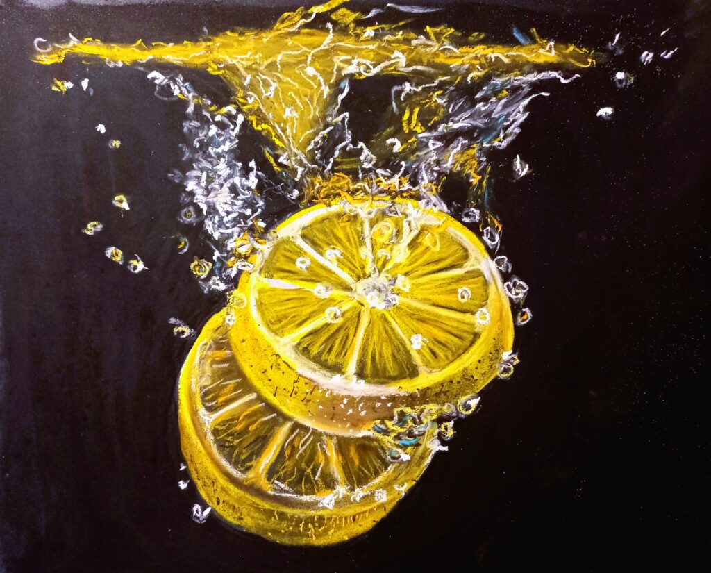 Лимони у воді суха пастель, папір 20х30 см., 2023 Lemons by the water dry pastel, paper 20x30 cm, 2023