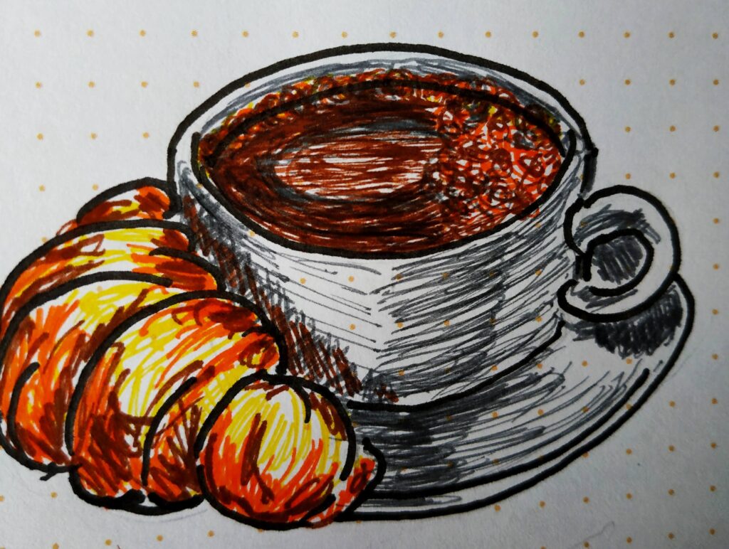 Кава з круасаном Лінер, скетч-замальовка, 2019 Coffee with a croissant Liner, sketch, 2019